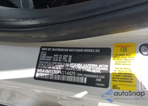 2015 BMW X1 Sdrive28I from USA, damaged, VIN WBAVM1C50FV314425
